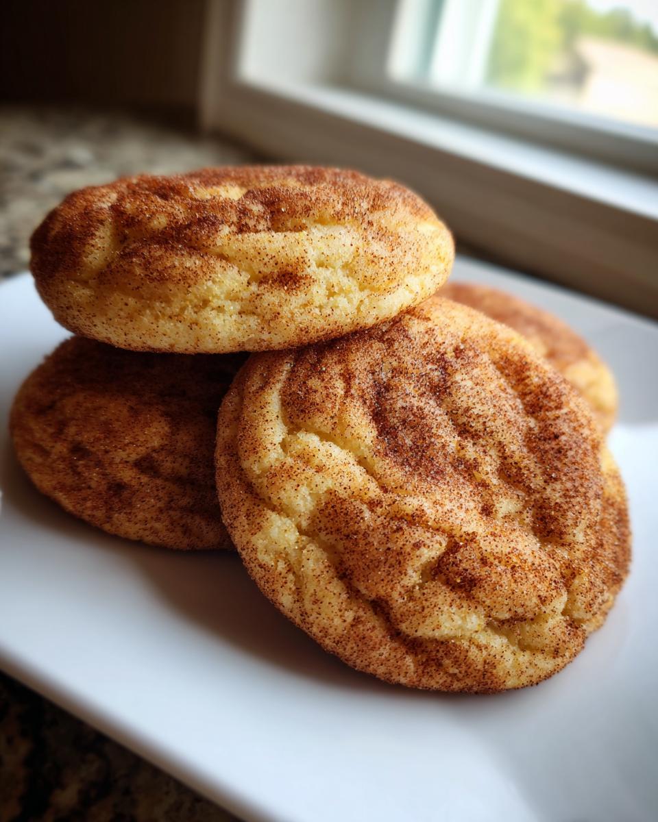 Close-up of four soft, round snickerdoodle cookies generously coated in cinnamon sugar on a white plate.