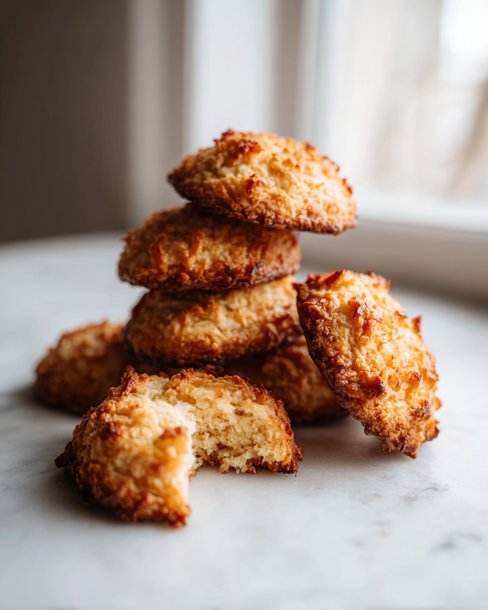 A stack of golden brown, chewy coconut cookies, with one cookie bitten in the foreground.