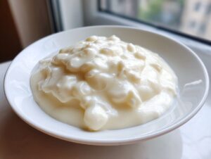 A close-up of thick, creamy white chocolate sauce with small lumps, served in a white bowl near a window.