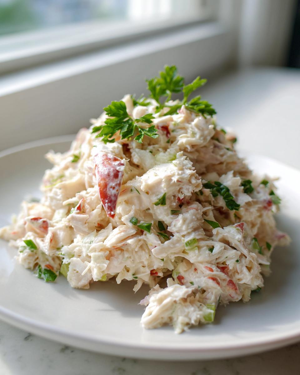 A mound of creamy, shredded crab salad garnished with fresh parsley, served on a white plate.