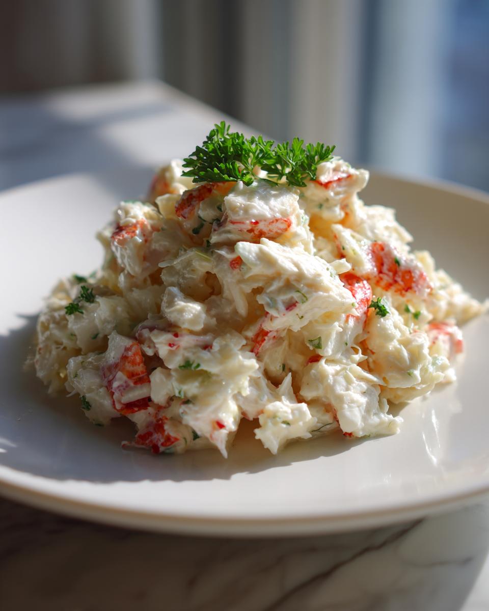 A mound of creamy, white crab salad mixed with red crab pieces and green herbs, garnished with parsley on a white plate.