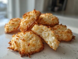 A close-up of several golden brown, chewy coconut cookies, with one broken in half showing the moist interior.