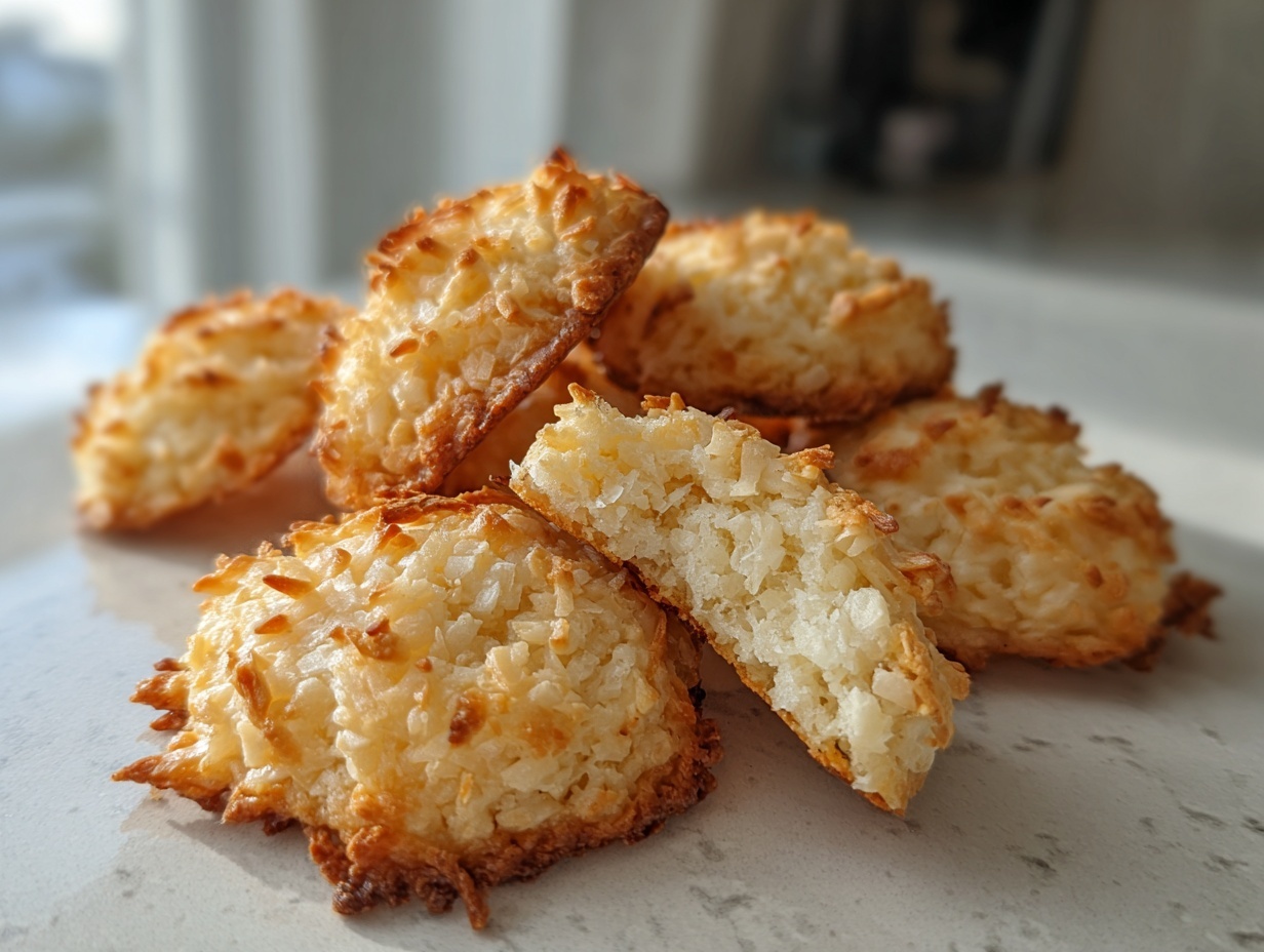 A close-up of several golden brown, chewy coconut cookies, with one broken in half showing the moist interior.
