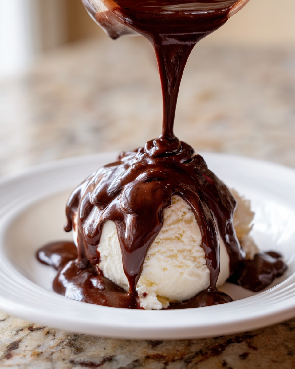 Thick, glossy homemade chocolate sauce being poured over a scoop of vanilla ice cream.