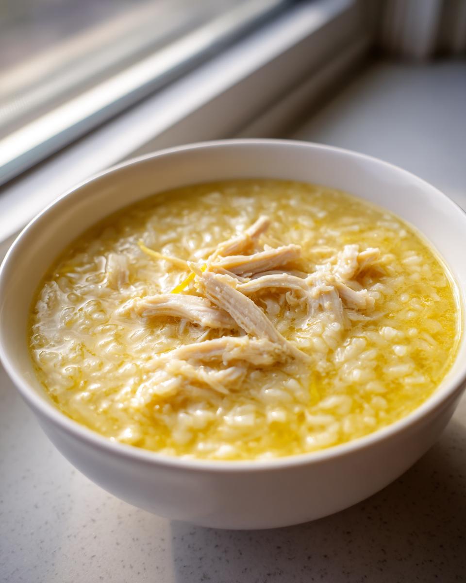 A white bowl filled with creamy chicken lemon rice soup, topped with shredded chicken.