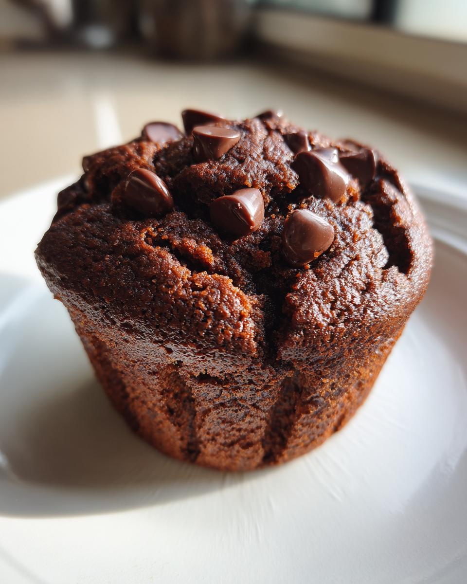 A close-up shot of a freshly baked, rich chocolate muffin topped with chocolate chips, sitting on a white plate.