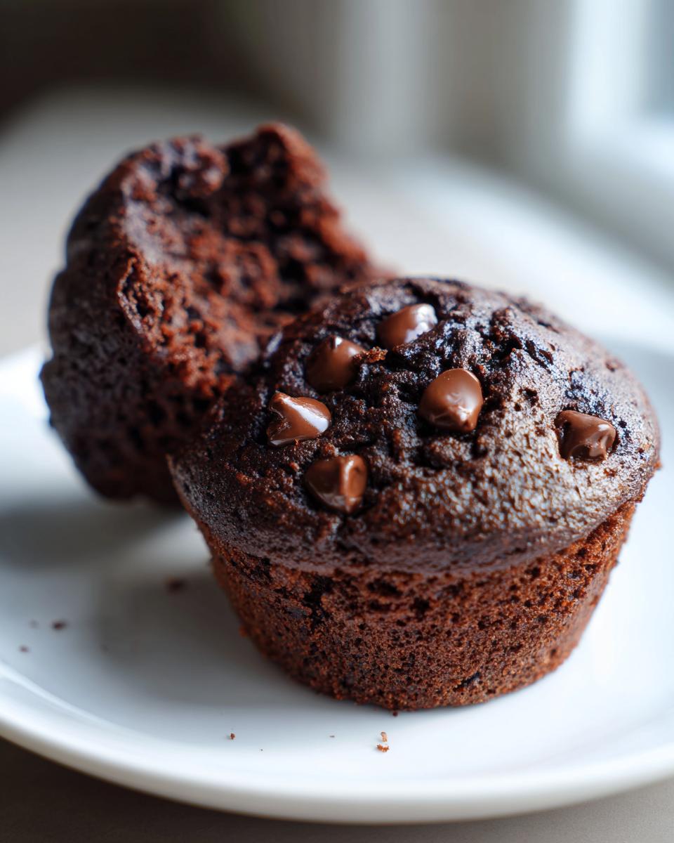 Close-up of a rich, dark chocolate muffin topped with chocolate chips, with a second muffin broken open behind it.