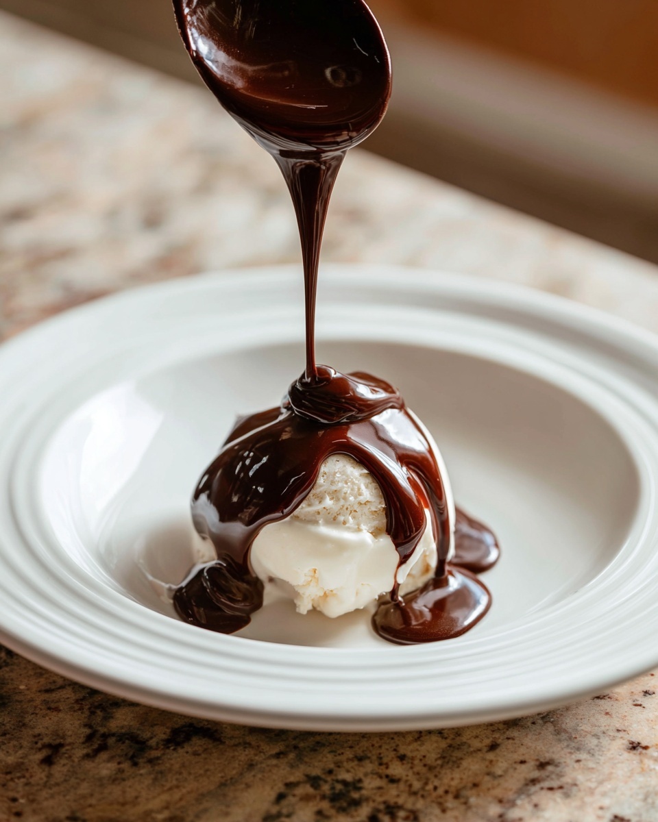 A spoonful of thick, glossy chocolate sauce being poured over a scoop of vanilla ice cream in a white bowl.