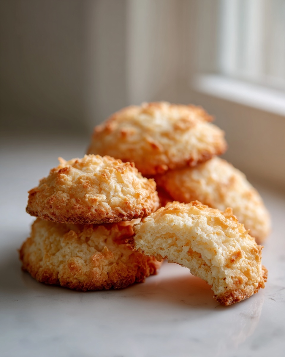 A stack of golden brown coconut cookies, with one broken in half to show the chewy interior.
