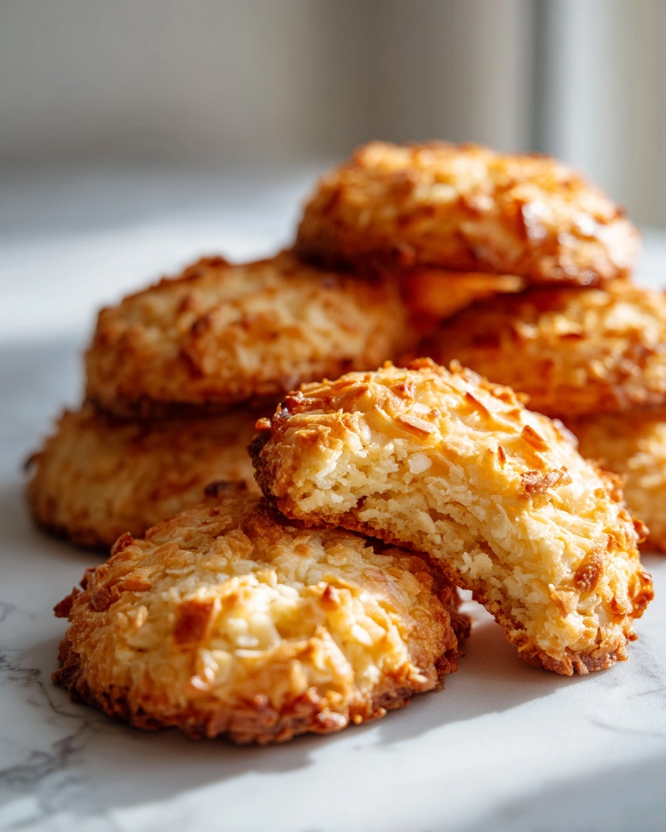 A stack of golden brown, chewy coconut cookies, one broken in half to show the texture.