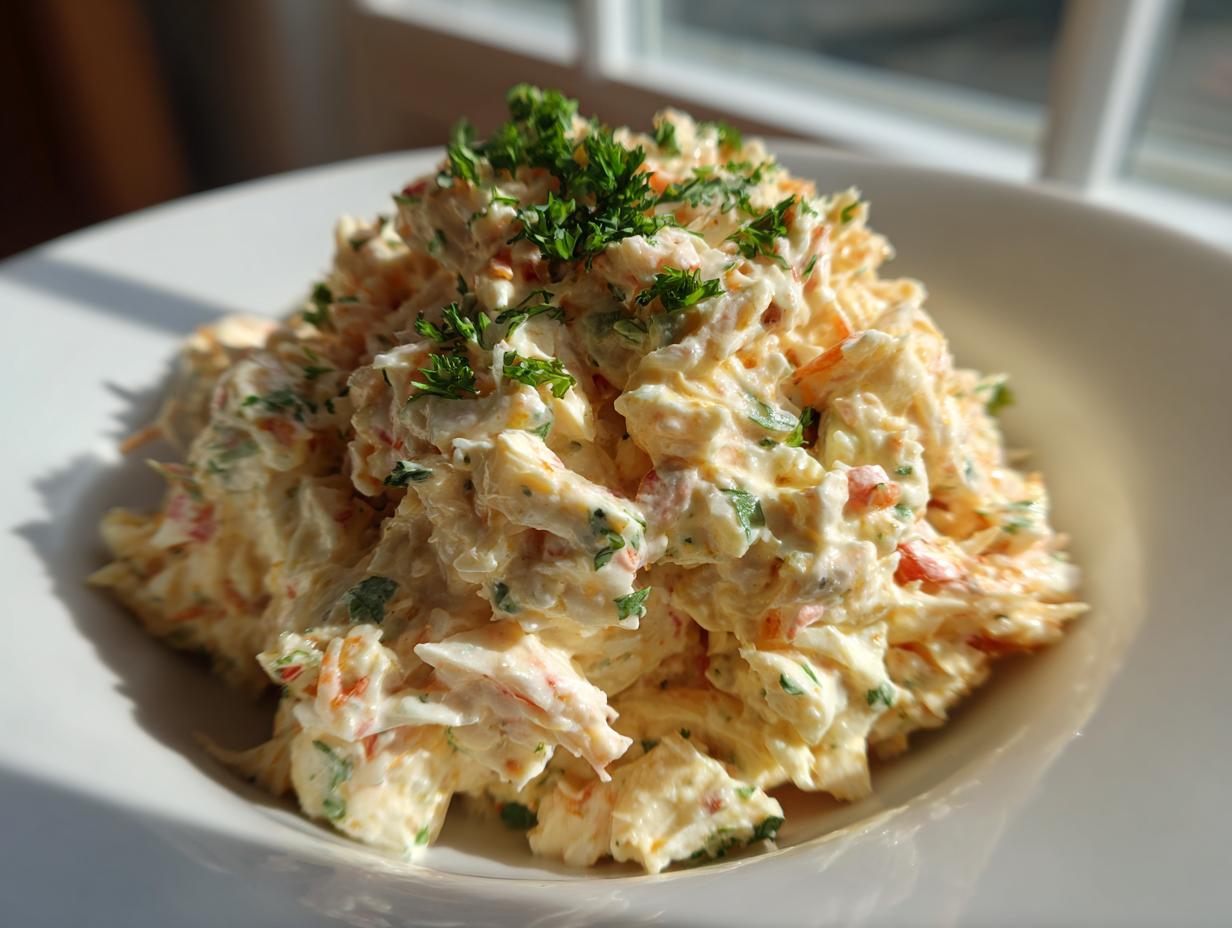 A generous serving of creamy crab salad, topped with fresh parsley, presented in a white bowl.