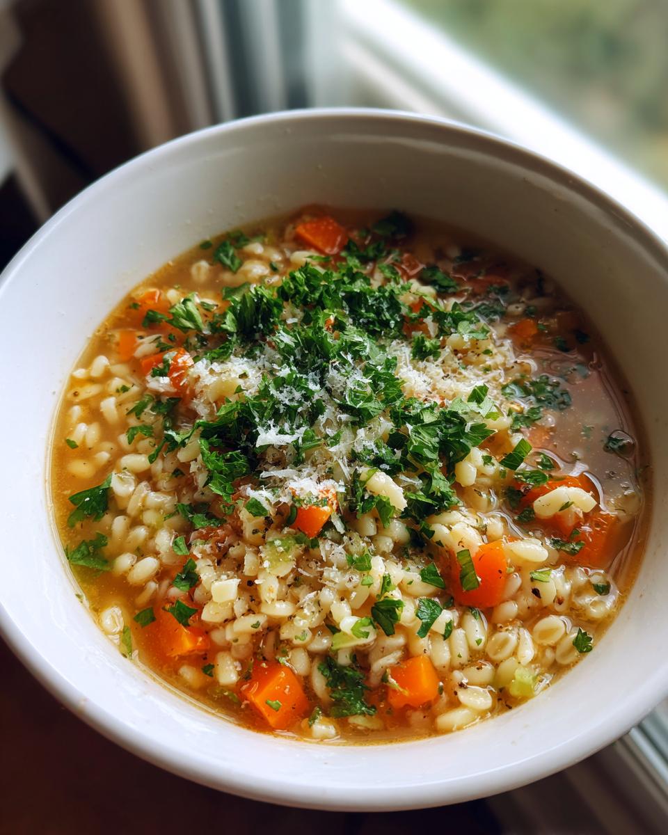 A close-up of a white bowl filled with hot pastina soup, featuring small pasta, diced carrots, and topped with fresh parsley and Parmesan.