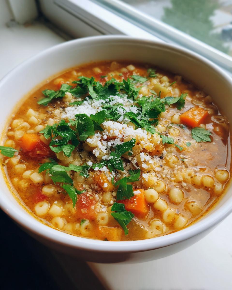 A close-up of a white bowl filled with rich pastina soup, topped with grated Parmesan cheese and fresh parsley.