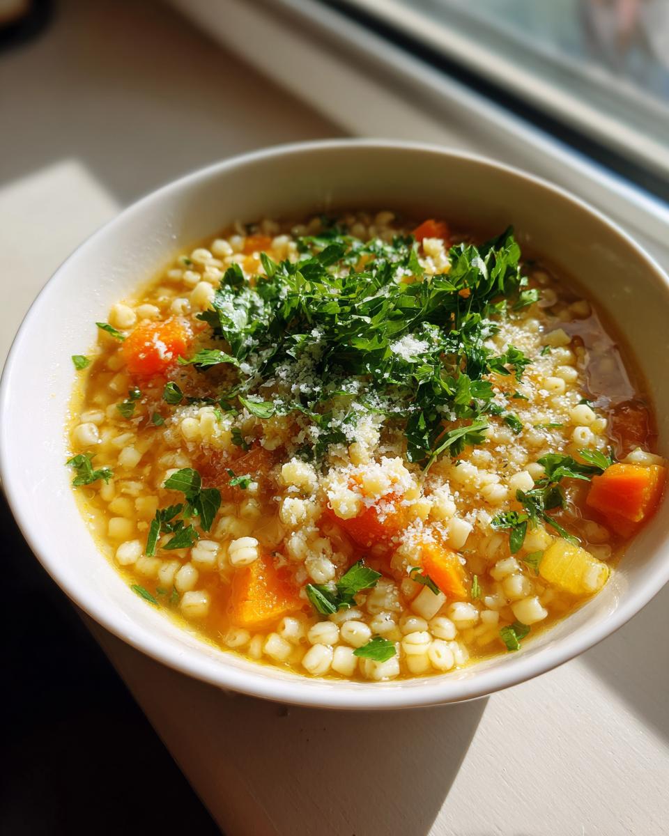 A close-up of a bowl of amazing pastina soup, featuring small pasta, diced carrots, and topped with fresh parsley and grated cheese.