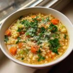 Close-up of a steaming bowl of amazing pastina soup, topped with grated cheese, fresh parsley, and diced carrots.