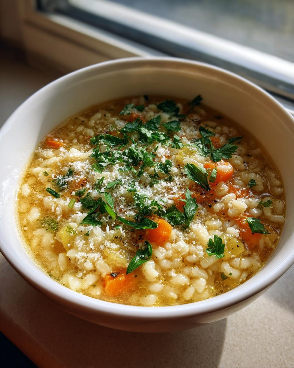 Close-up of a white bowl filled with amazing pastina soup, carrots, and topped with grated cheese and parsley.