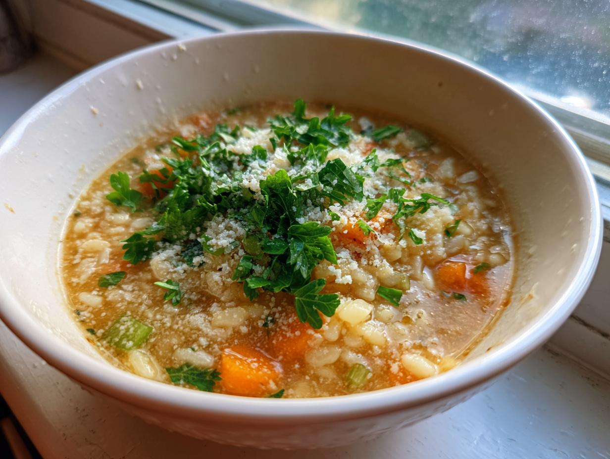 Close-up of a warm bowl of amazing pastina soup topped with grated cheese and fresh parsley.