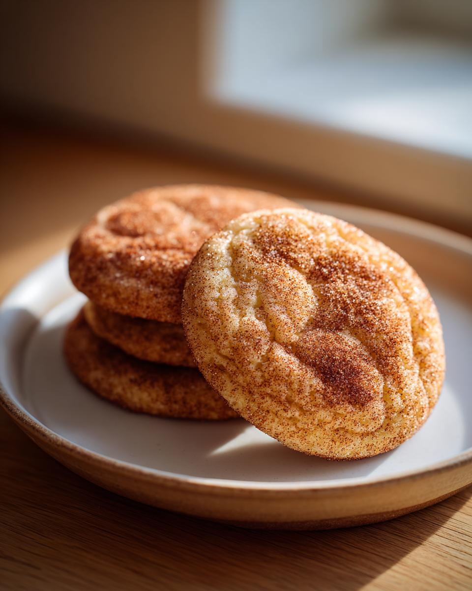 A stack of soft, chewy snickerdoodle cookies generously coated in cinnamon sugar, resting on a light plate.