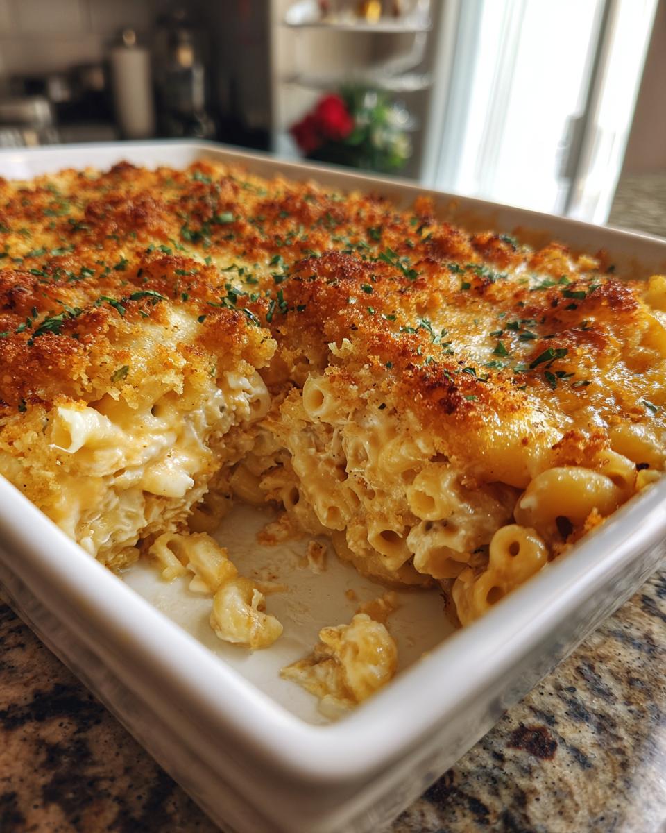 Close-up of a serving dish showing creamy tuna noodle casserole with a golden, crispy breadcrumb topping.