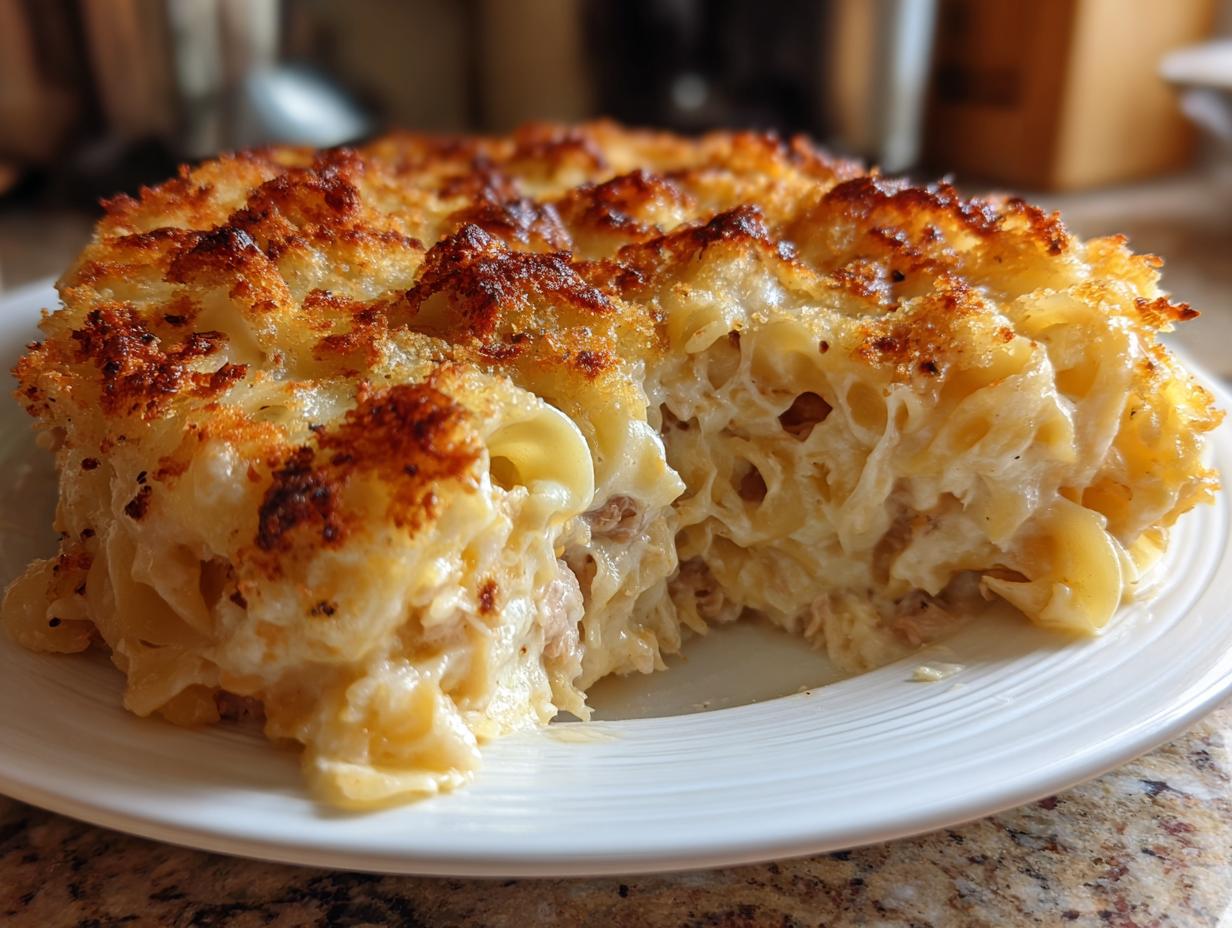 A close-up of a creamy tuna noodle casserole slice showing the rich filling and golden, crispy breadcrumb topping.