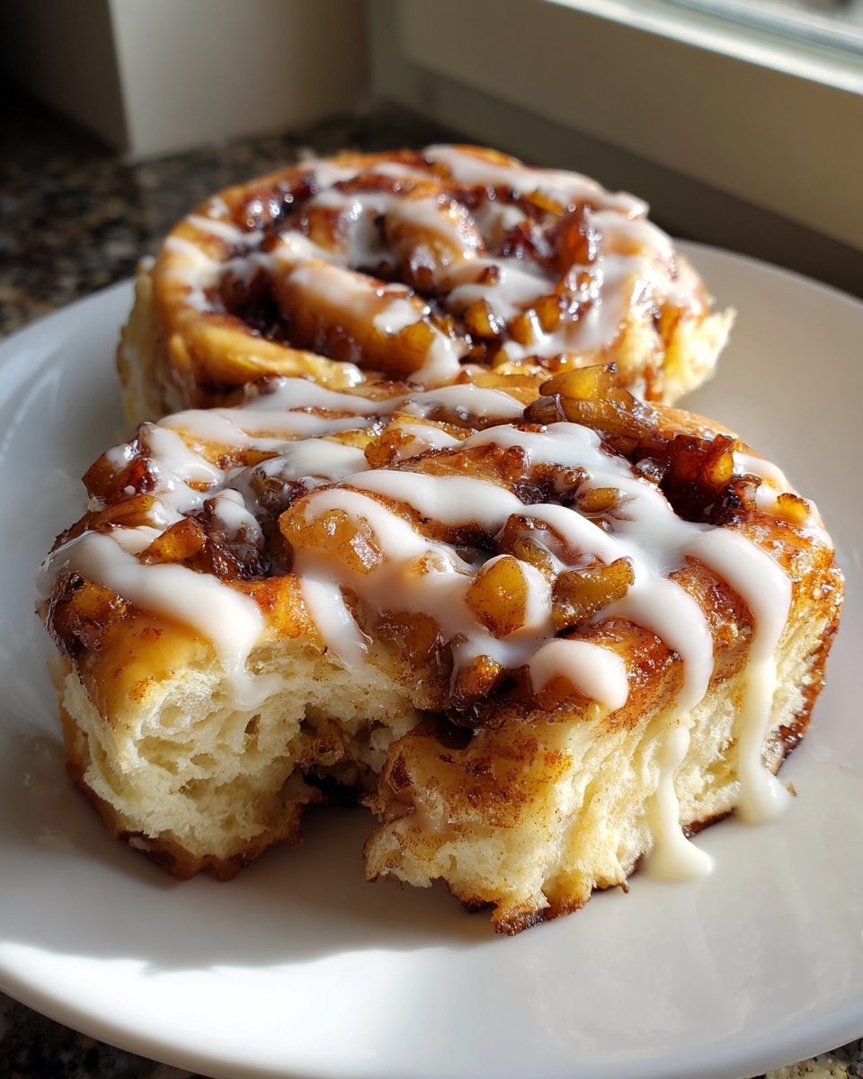 Two soft apple cinnamon rolls drizzled with white icing, one with a bite taken out, showing the fluffy interior.
