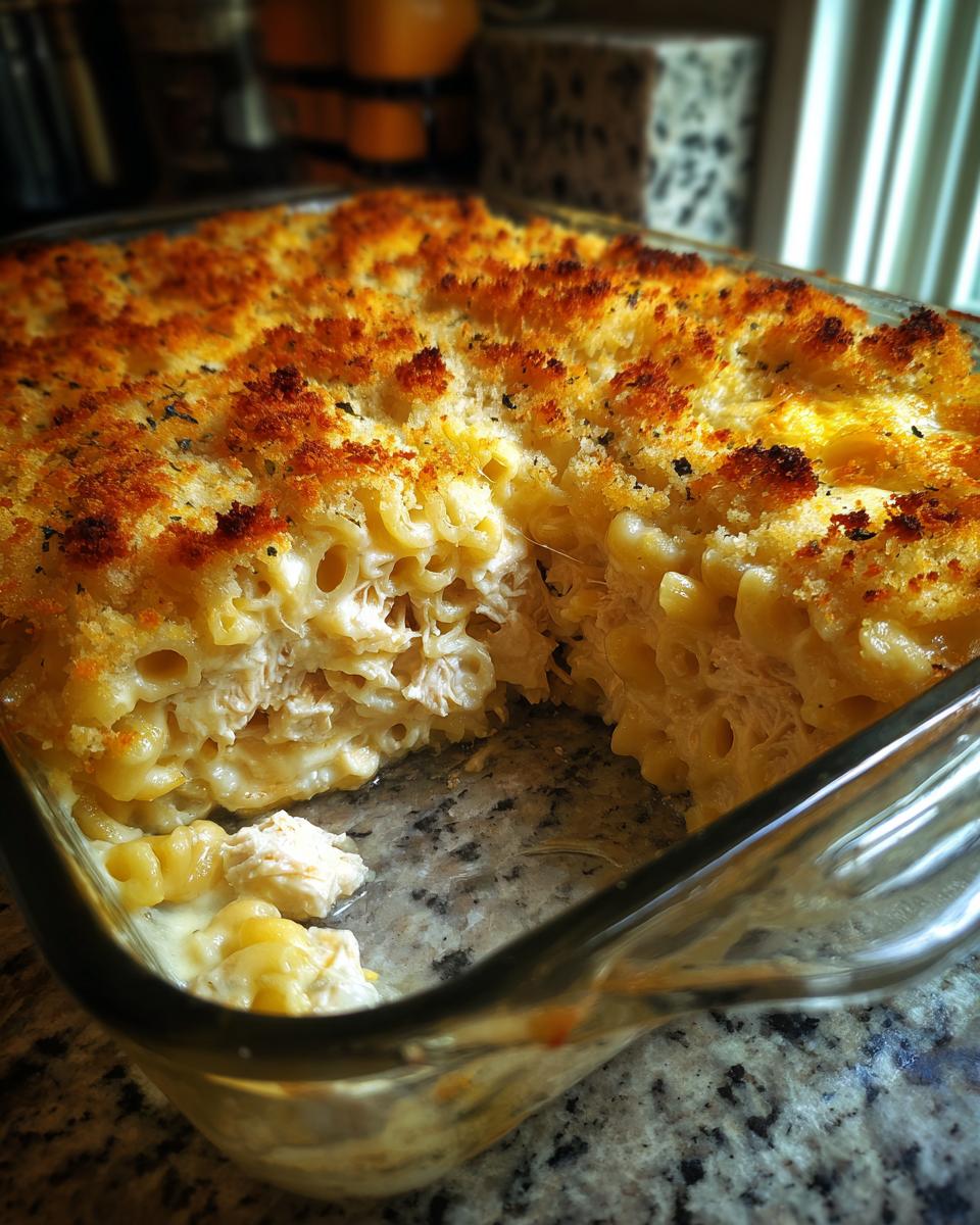 A scoop has been taken out of a baked tuna noodle casserole showing creamy interior and golden breadcrumb topping.