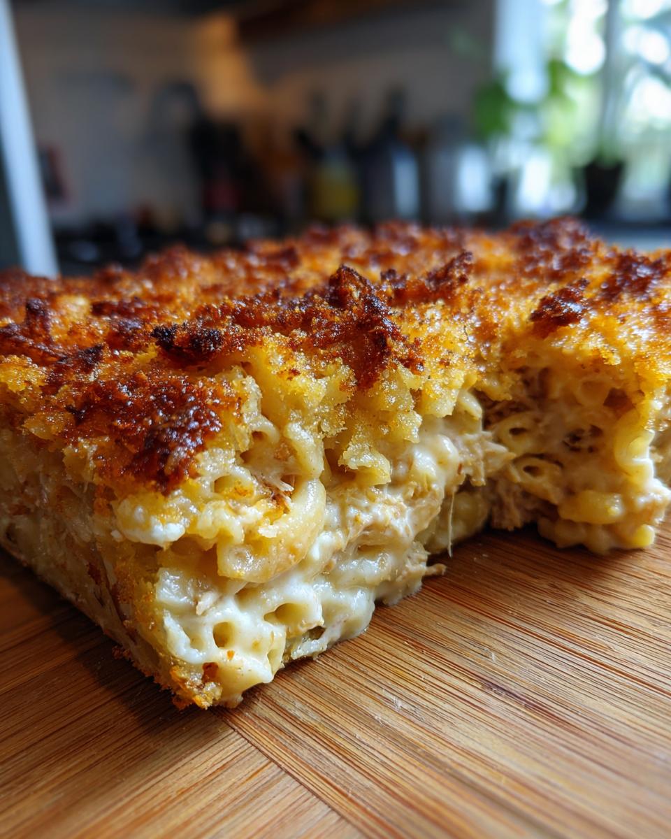A close-up view of a creamy, baked tuna noodle casserole slice with a crispy, browned topping.