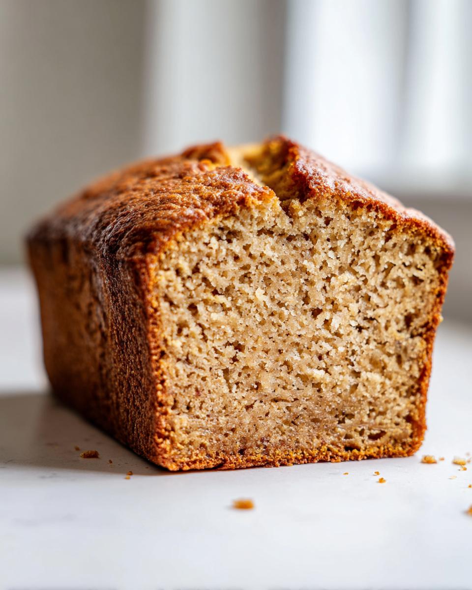 Close-up of a freshly baked, golden-brown banana cottage cheese bread loaf showing its moist, textured interior.