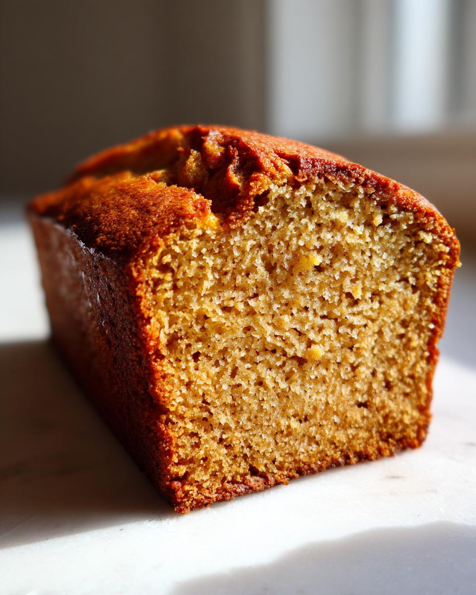 Close-up of a freshly baked banana cottage cheese bread loaf showing its moist, golden-brown crumb texture.