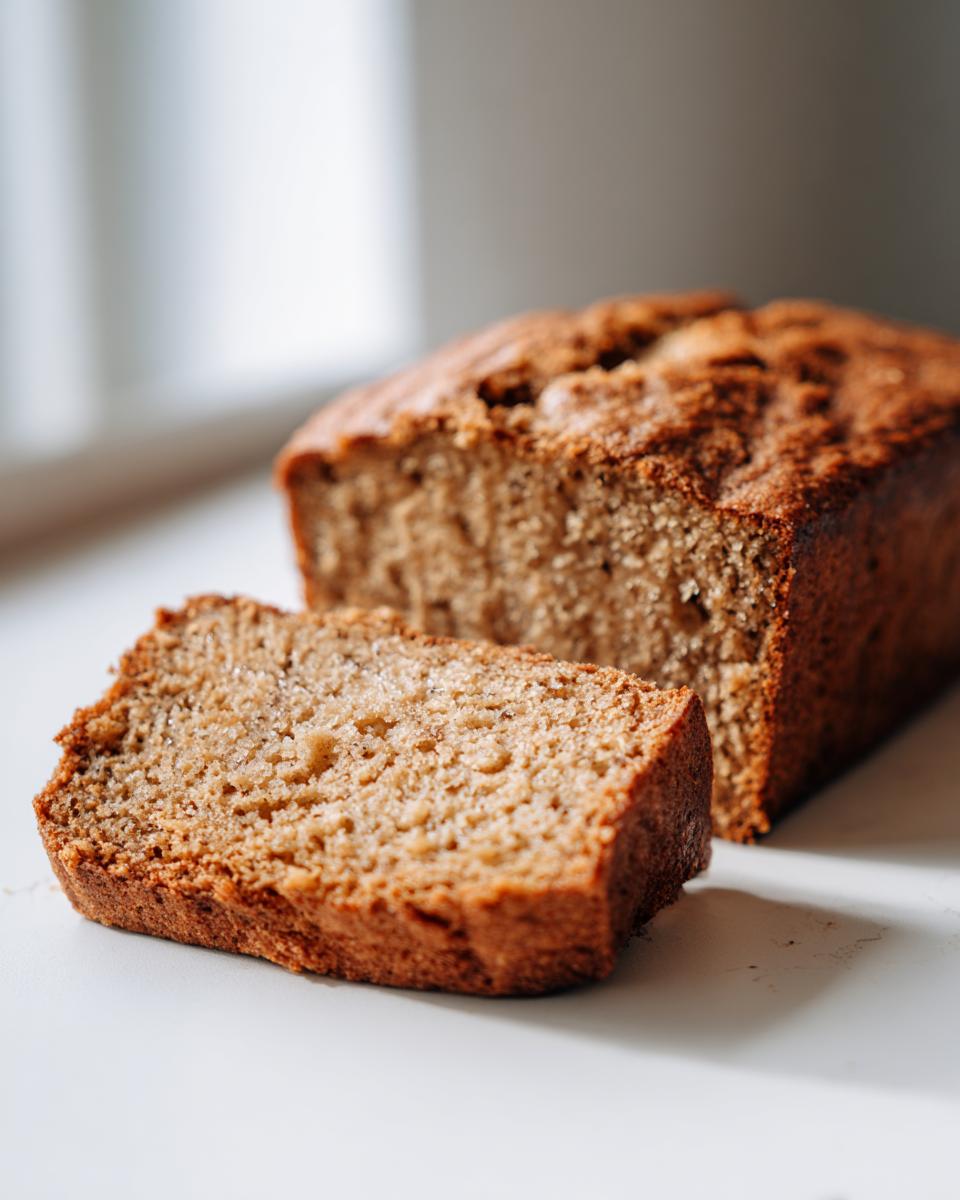 A close-up of a slice cut from a freshly baked banana cottage cheese bread loaf.
