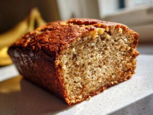 Close-up of a moist slice of banana cottage cheese bread showing the crumb texture and golden-brown crust.