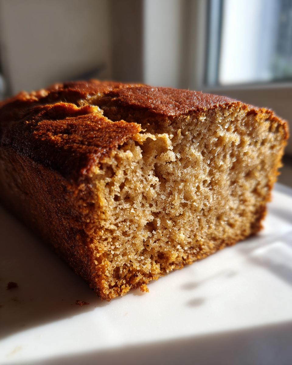 Close-up of a slice of moist banana cottage cheese bread showing its golden-brown crust and soft crumb texture.