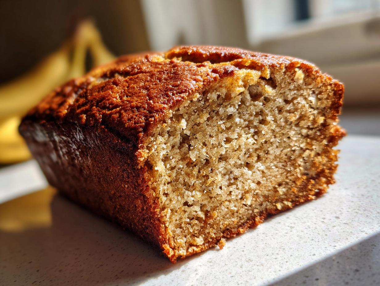 Close-up of a moist slice of banana cottage cheese bread showing the crumb texture and golden-brown crust.