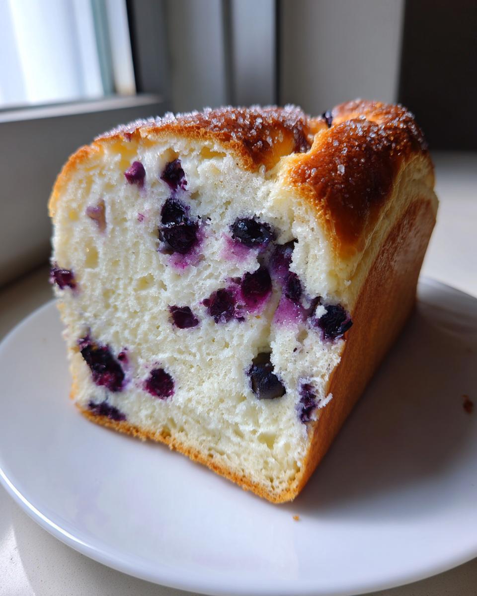 A thick slice of fluffy blueberry cloud cottage cheese bread with a sugary crust.