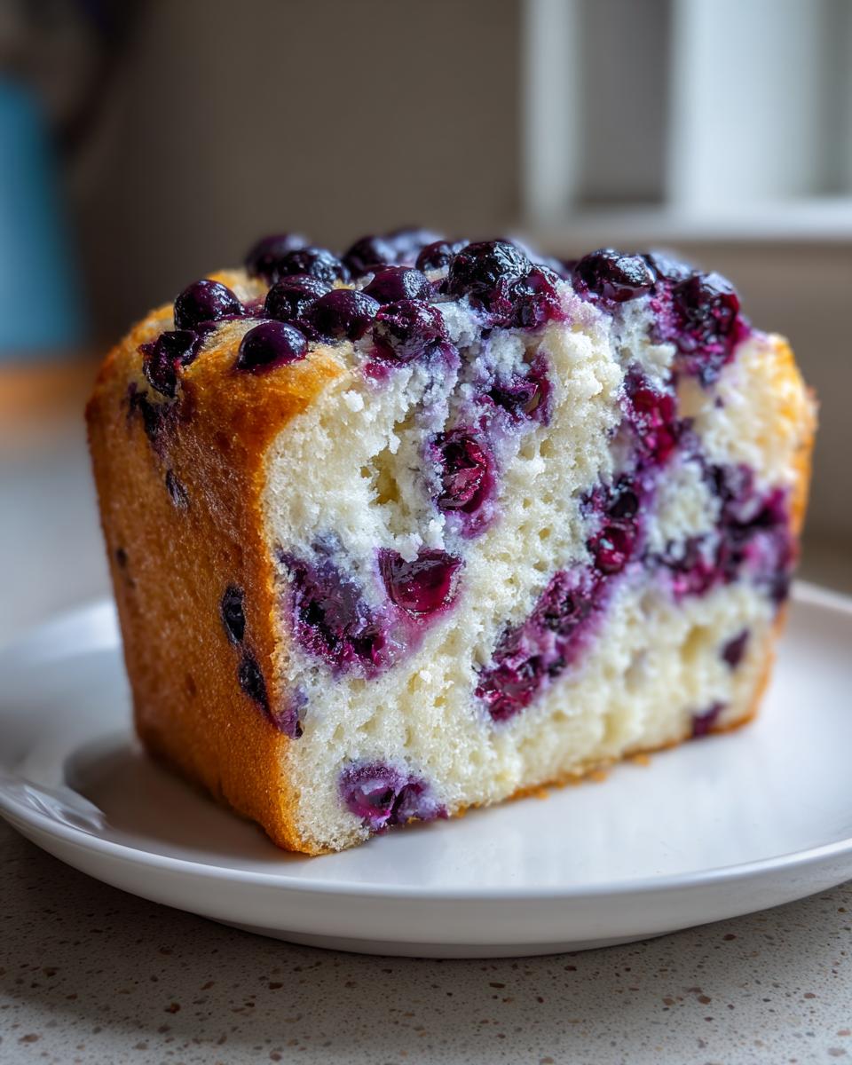A thick slice of blueberry cloud cottage cheese bread showing a moist, white crumb packed with bright purple blueberries.