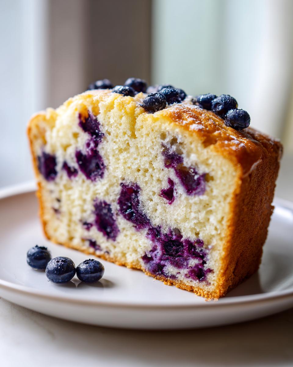 A moist slice of blueberry cloud cottage cheese bread studded with purple blueberries on a white plate.