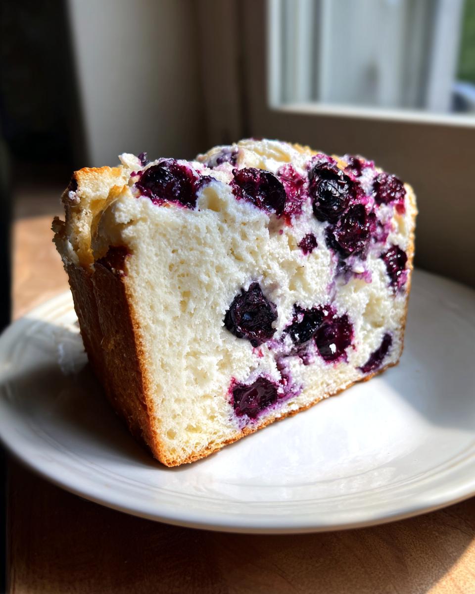 Close-up of a thick slice of light, fluffy blueberry cloud cottage cheese bread on a white plate.