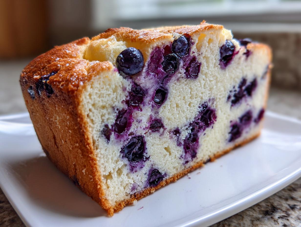A close-up slice of light, fluffy blueberry cloud cottage cheese bread with visible blueberries.