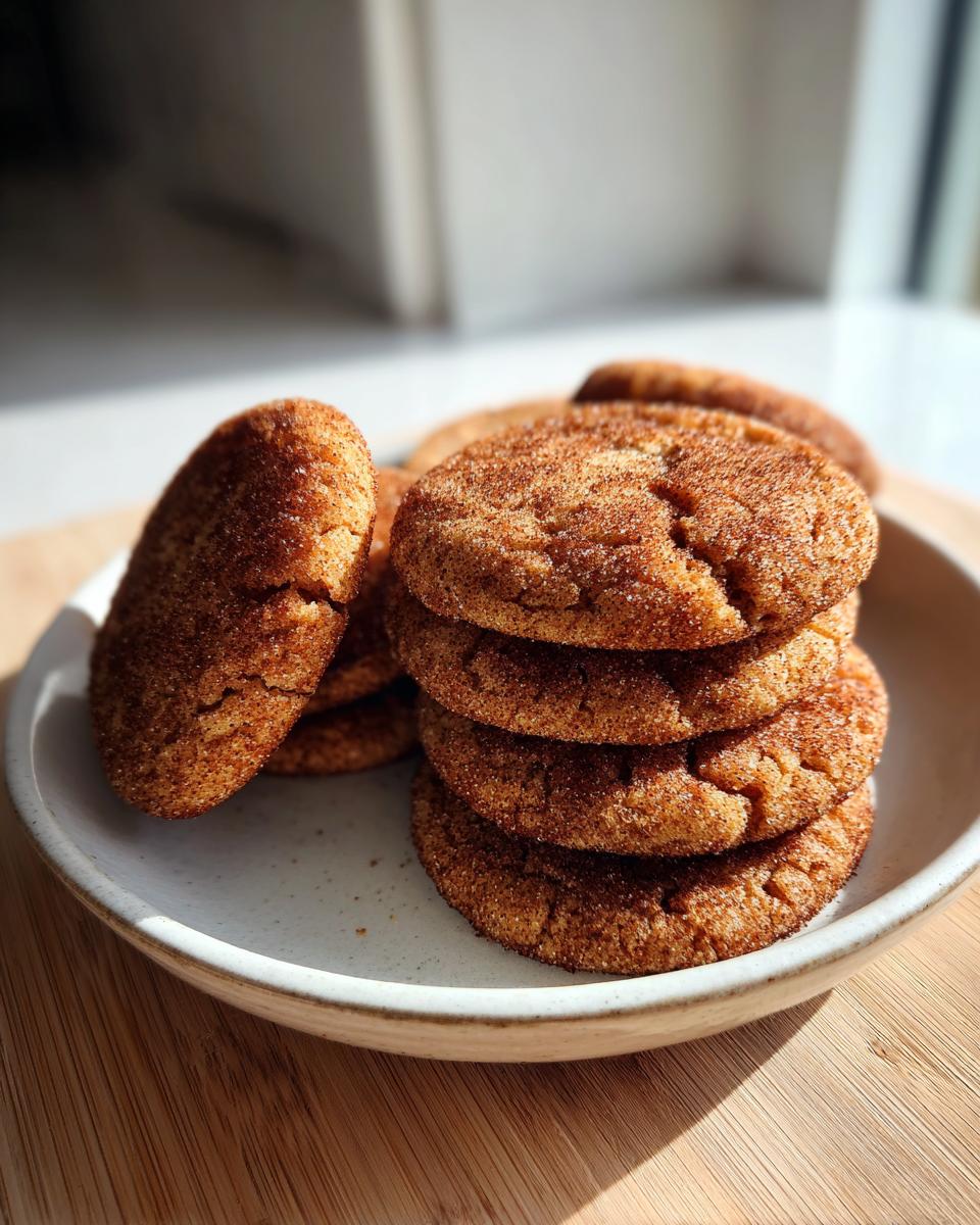 A stack of freshly baked brown butter snickerdoodles heavily coated in cinnamon sugar, resting on a light ceramic plate.