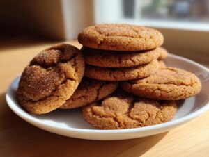 A close-up stack of freshly baked brown butter snickerdoodles, coated in cinnamon sugar, resting on a white plate.