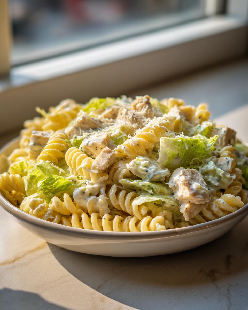 Close-up of cheddar's chicken caesar pasta salad featuring rotini pasta, chicken pieces, romaine lettuce, and creamy dressing.