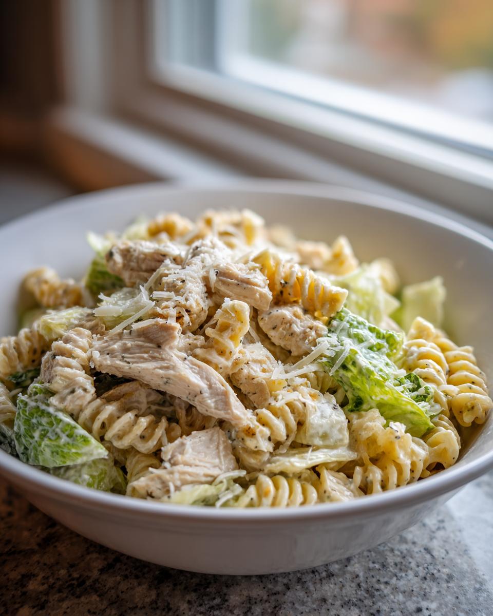 Close-up of a white bowl filled with cheddar's chicken caesar pasta salad featuring rotini pasta, chicken, and lettuce.