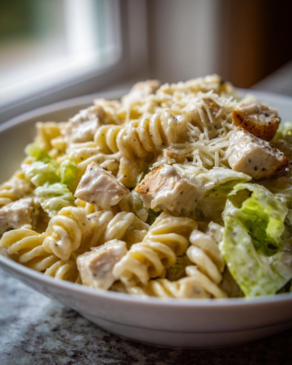 A close-up of cheddar's chicken caesar pasta salad featuring rotini pasta, chicken chunks, lettuce, and creamy dressing.