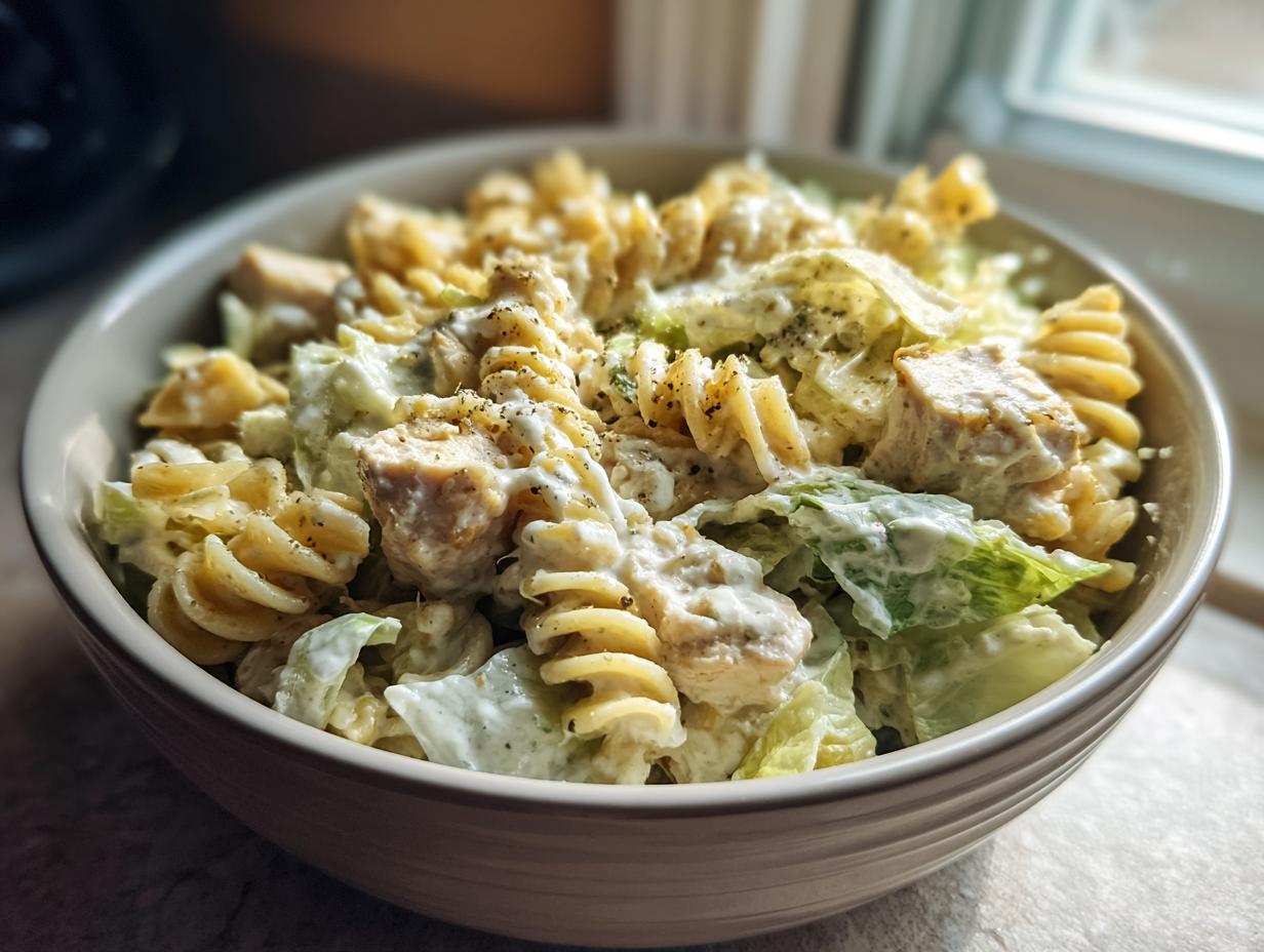 Close-up of Cheddar's Chicken Caesar Pasta Salad featuring rotini pasta, chicken chunks, romaine lettuce, and creamy dressing.