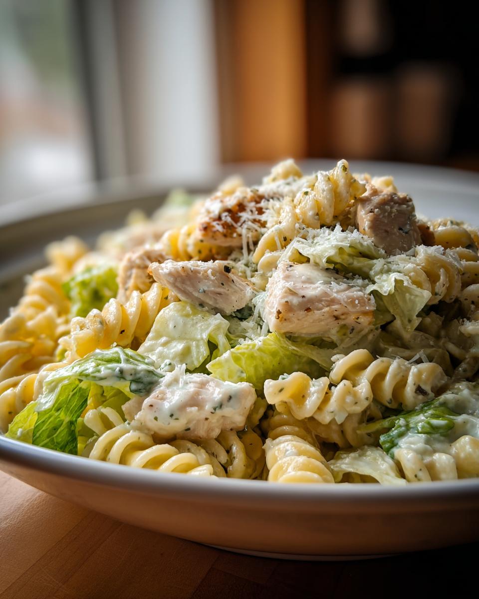 A close-up of cheddar's chicken caesar pasta salad featuring rotini pasta, chicken pieces, romaine lettuce, and creamy dressing.