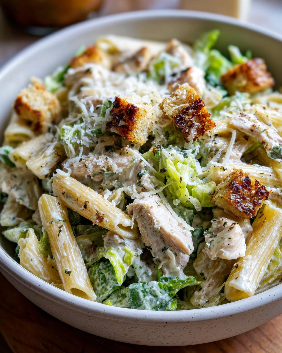 Close-up of a bowl filled with creamy chicken caesar pasta salad, featuring penne, chicken chunks, romaine, and croutons.