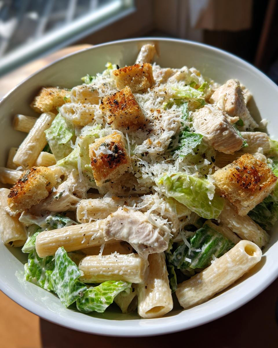 A bowl filled with creamy chicken caesar pasta salad featuring penne, romaine lettuce, chicken pieces, croutons, and grated parmesan.