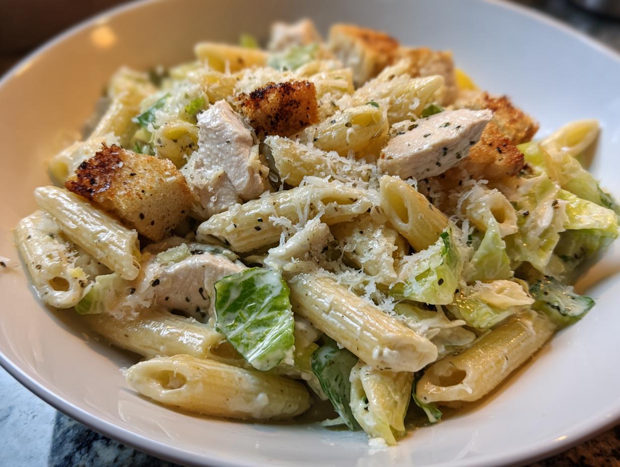 Close-up of a bowl of chicken caesar pasta salad featuring penne, chicken pieces, croutons, and parmesan.