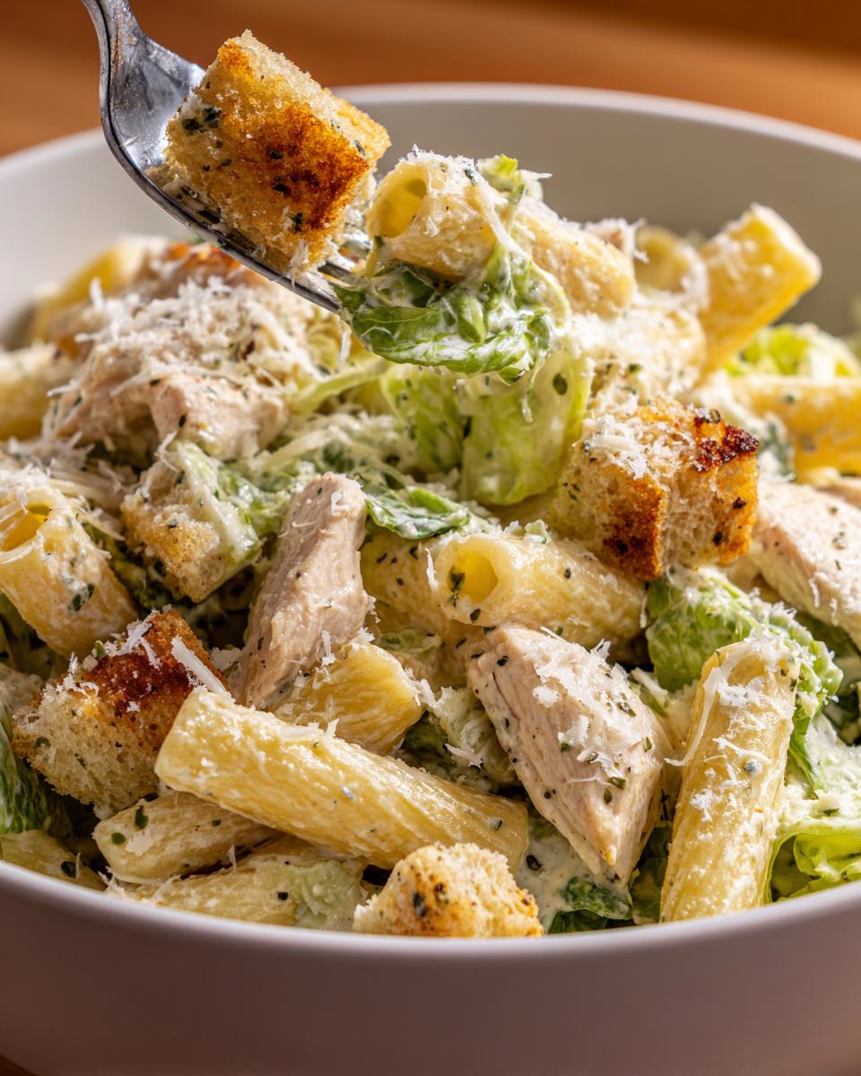 A fork lifting a crouton from a bowl of creamy chicken caesar pasta salad with penne and parmesan.