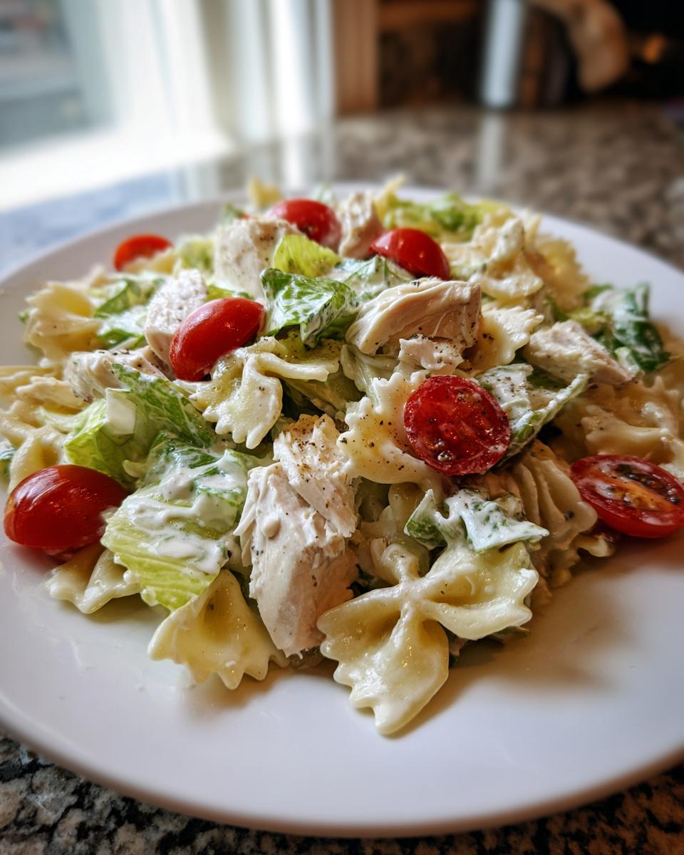 Close-up of a healthy chicken caesar pasta salad featuring bow-tie pasta, chicken chunks, romaine, and cherry tomatoes.